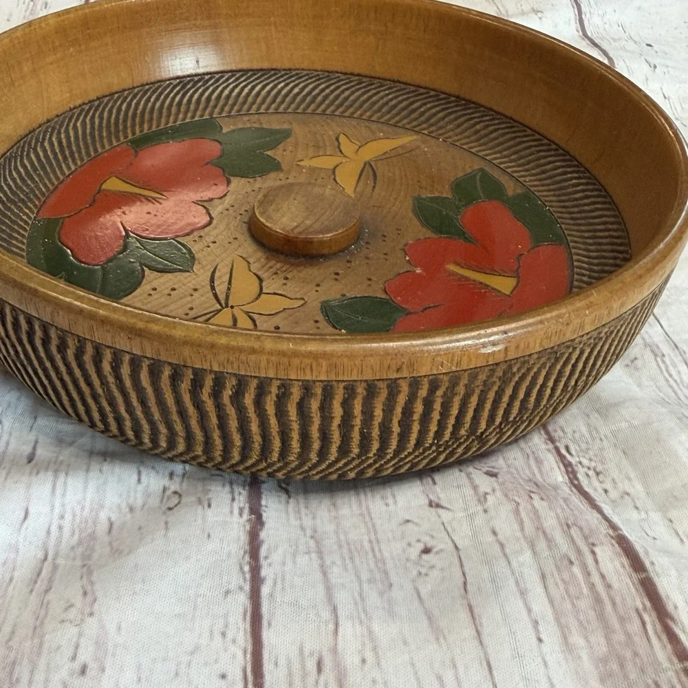 Antique Carved Wood Hand Turned Lacquered Snack Bowl